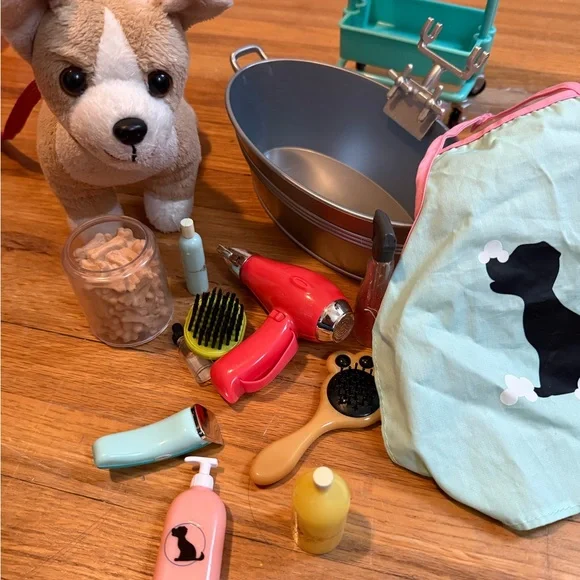 Our Generation Pet Care Set with Tan Dog and Blue Accessories - Picture 2 of 3